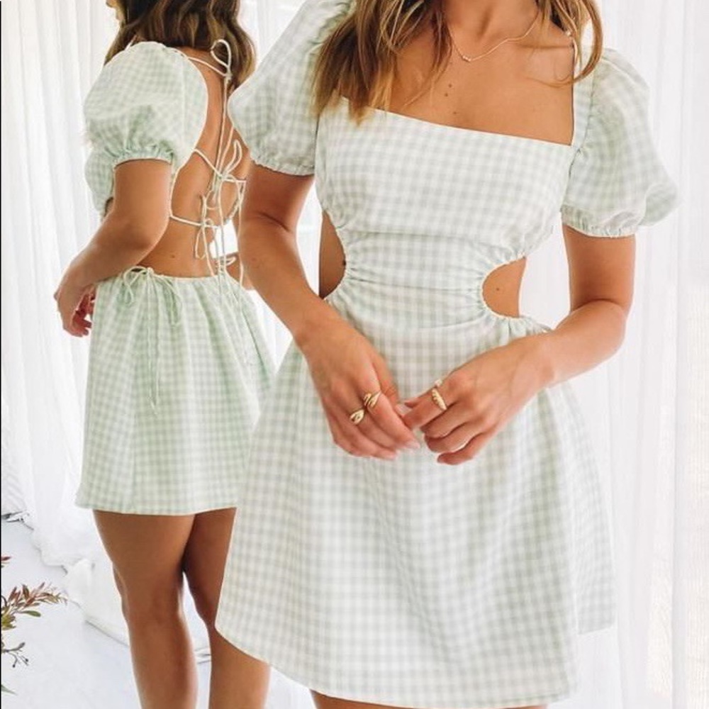 Beginning Boutique Penelope Mini Dress- Sage Mono Gingham